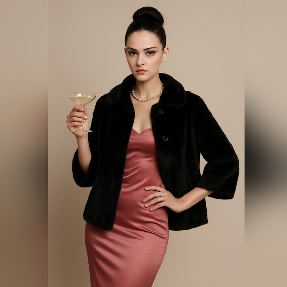 Dialogue Black Faux Fur Jacket with Hidden Snaps & 3/4 Sleeves “My Fair Lady” XL - Picture 10 of 10